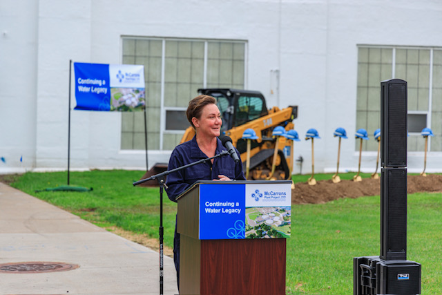 Amy Brendmoen Addressing Crowd at McCarrons Water Treatment Plant Groundbreaking ceremony